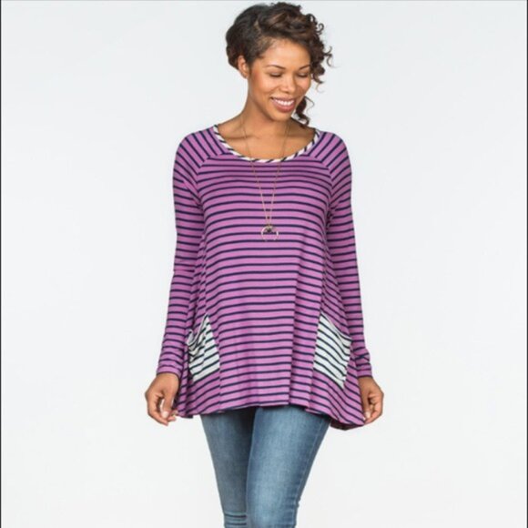 Matilda Jane No Limitations Tunic Long Sleeve Purple Navy Blue Striped Swing Top - Picture 1 of 14